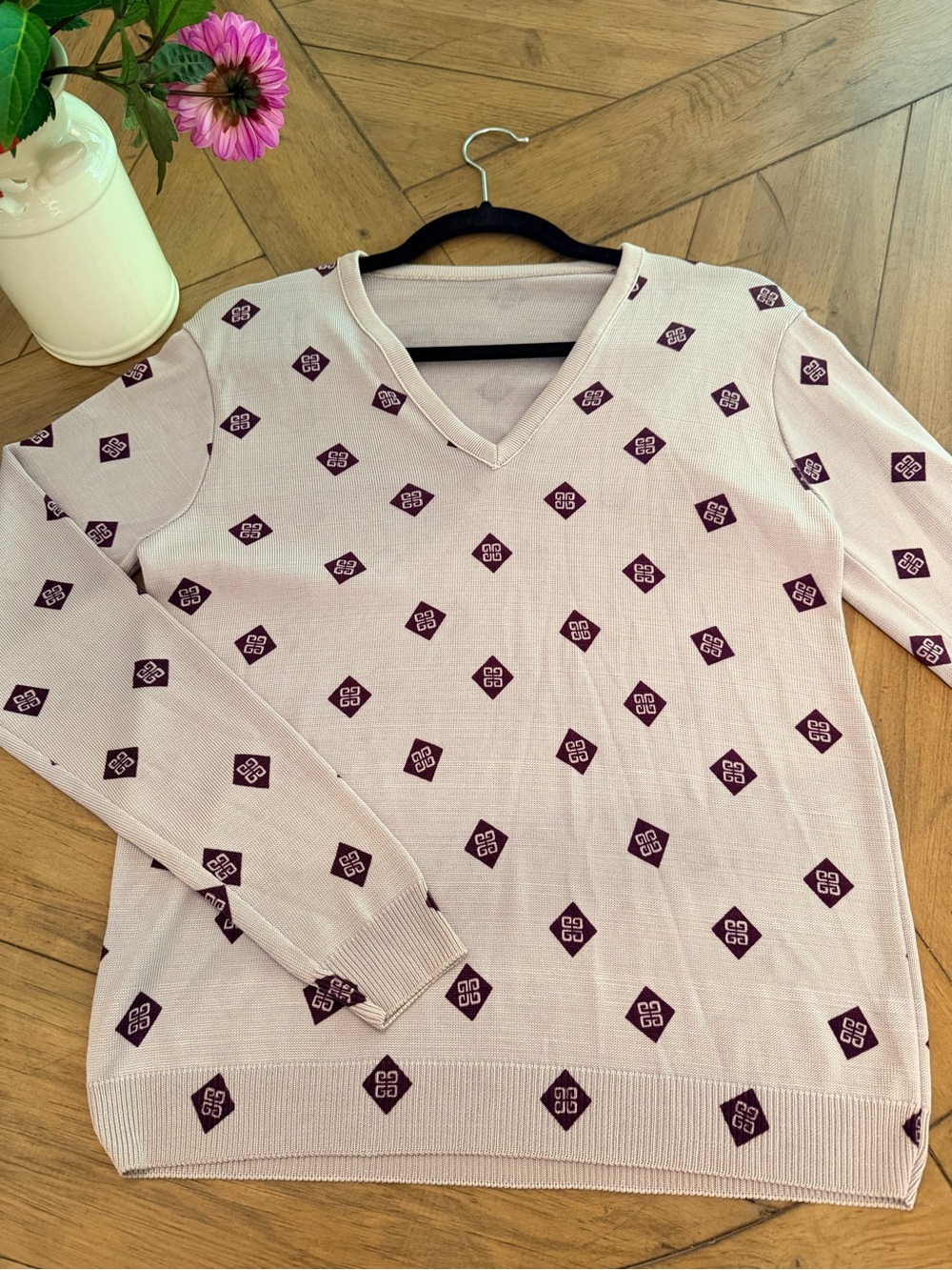 Vintage Givenchy Light Lilac and Purple V-Neck Women's Sweater